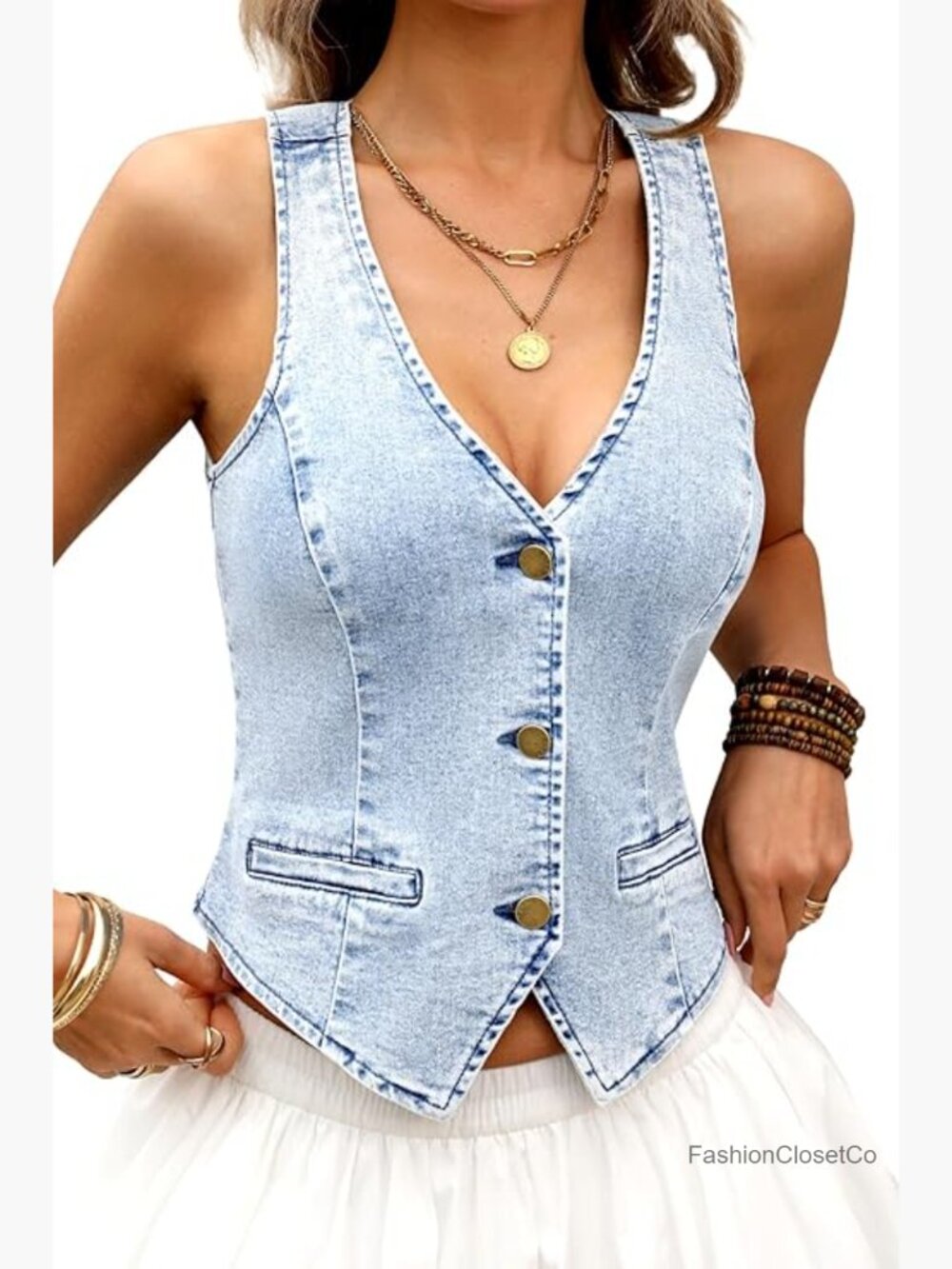 Cropped Denim Vest, Stretch V-Neck Western Jean Vest with Faux Pockets